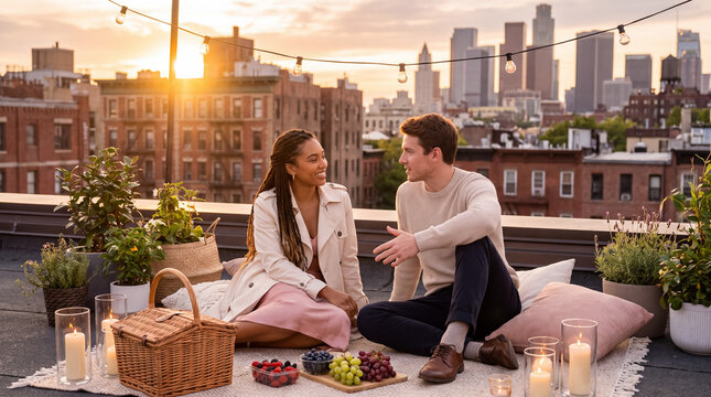 Diverse couple enjoying romantic rooftop picnic at sunset, celebrating love and connection in city