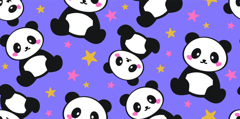 Cute panda pattern with stars on purple background for kids designs © SA Graphic Desing