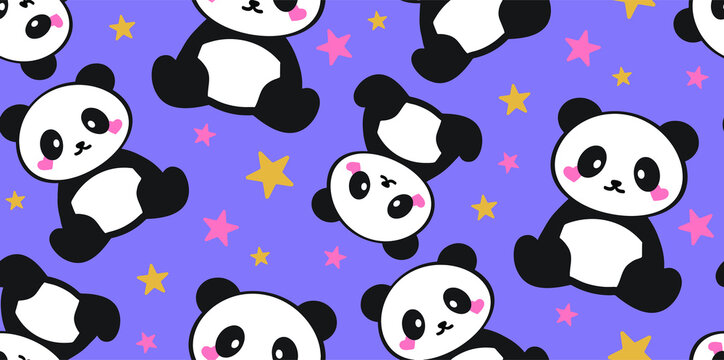Cute panda pattern with stars on purple background for kids designs