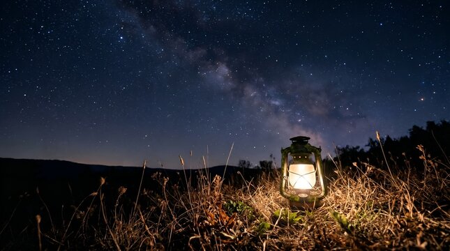 Glowing vintage lantern illuminating dry grass under starry night sky