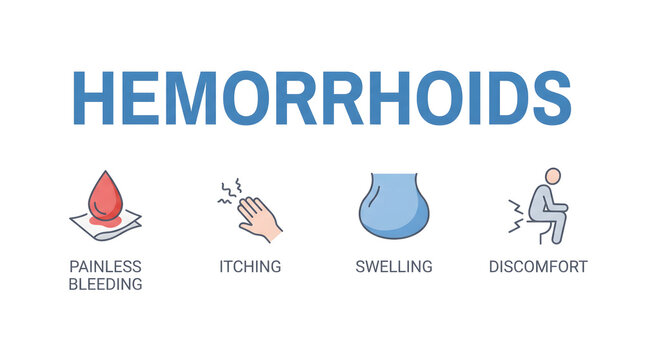 Hemorrhoids symptoms infographic featuring pain, bleeding, and swelling icons