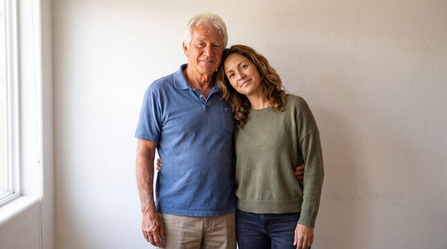 Father and daughter embracing, looking at camera, sharing a tender moment of affection and family love indoors