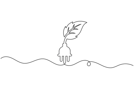 Green energy leaf electric plug continuous one line drawing eco power supply outlet connection minimalist vector illustration