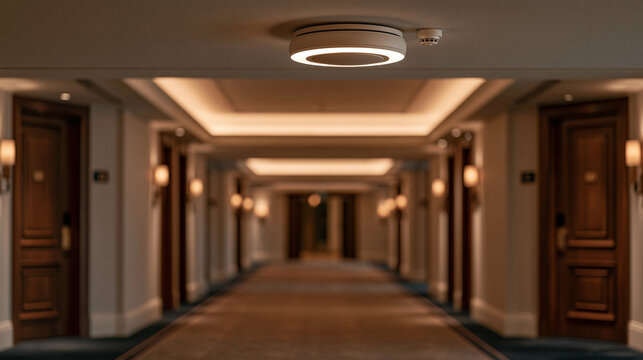 Smoke detector mounted beside a sprinkler head on a hotel corridor ceiling, identical doors and numbered plaques receding in perfect symmetry along a long carpeted hallway under