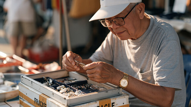 An elderly optometrist salvages prescription lenses from an old display unit at a colorful street market, close up hands framing the careful dismantling as a stack of crates