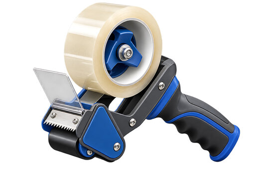 Handheld packaging tape dispenser with clear adhesive tape isolated on transparent background