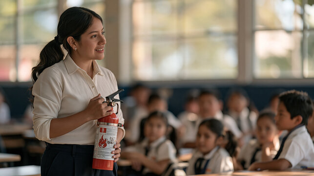 Peruvian schoolteacher demonstrating proper fire extinguisher operation to seated primary school children in classroom, educational fire safety drill, child safety awareness,