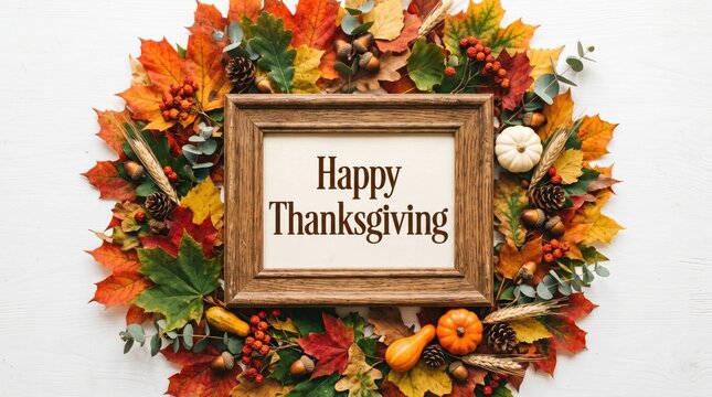 A beautiful thanksgiving wreath with autumnal colors and a festive frame wishing everyone a joyful and grateful holiday season