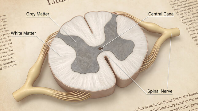 Cross section of human spinal cord anatomical illustration with labels