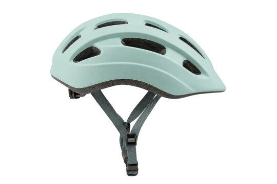 Light blue bicycle helmet with ventilation holes and adjustable straps, presented on a clean white background