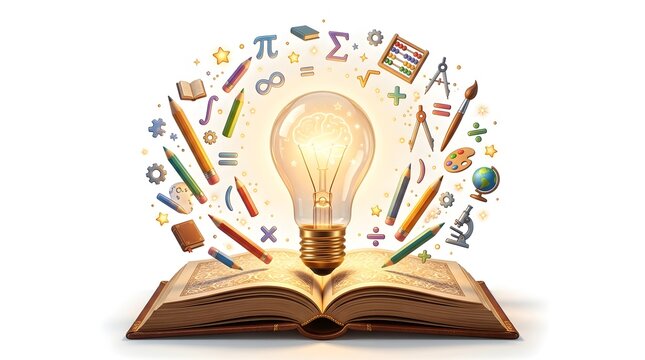 Open book with a glowing light bulb and floating educational school supplies