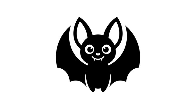 Minimalist bat icon, cute black vampire bat silhouette, cartoon halloween character logo, flat animal vector graphic