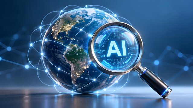 Global artificial intelligence concept with magnifying glass focusing on AI text over glowing Earth globe and digital network connections.