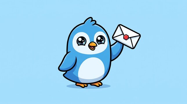 Cute blue penguin character holding a mail envelope. Kawaii bird messenger illustration, cheerful penguin delivery mascot on blue background.