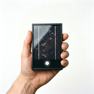 Hand holding a small solar panel module with one bright sun icon