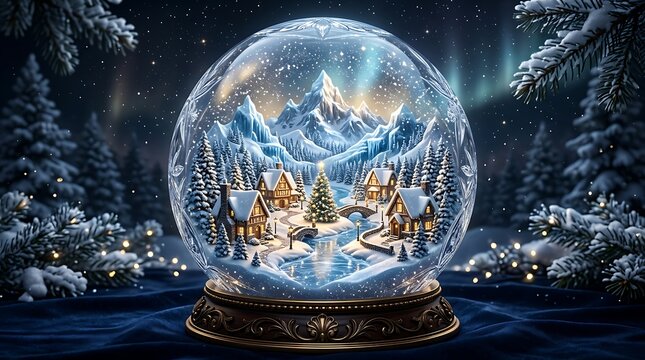 Magical winter village inside a glass snow globe with a snowy forest background