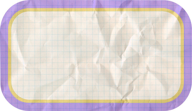 Crumpled graph paper with a purple and yellow rounded frame