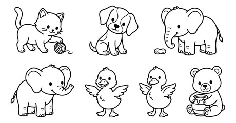 Obraz premium Kawaii animal coloring page set, cute cartoon baby animals line art, 7 black and white vector illustrations for kids activities