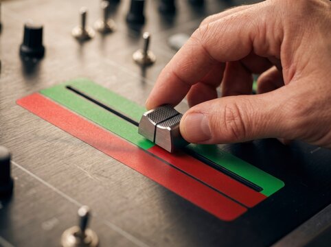 Close-up of a sound engineer's hand moving a metal fader slider along green and red indicators on a professional audio mixing console in a recording studio.