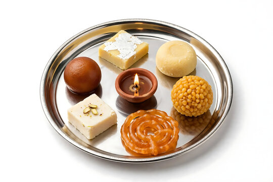 mithai thali with 6 sweets, small diya at center, white background