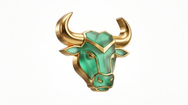 Luxury 3D gold and emerald bull head icon, Taurus zodiac symbol with golden horns and green gemstone texture on white background