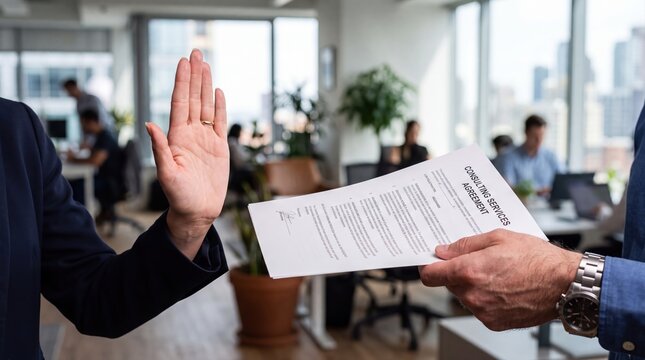 A business professional makes a definitive stop gesture, rejecting documents presented by a colleague during a serious discussion