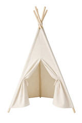 Simple beige canvas teepee tent with wooden poles, tied at the top, on a clean white background © Chinases