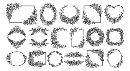 Fototapeta premium Vintage floral frames collection, 18 hand drawn botanical borders, elegant black line art wreaths for wedding invitations and stationery