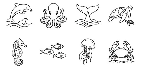 Obraz premium Minimalist sea life icons, set of 8 marine animal line art vectors, simple black and white ocean creature illustrations for coloring