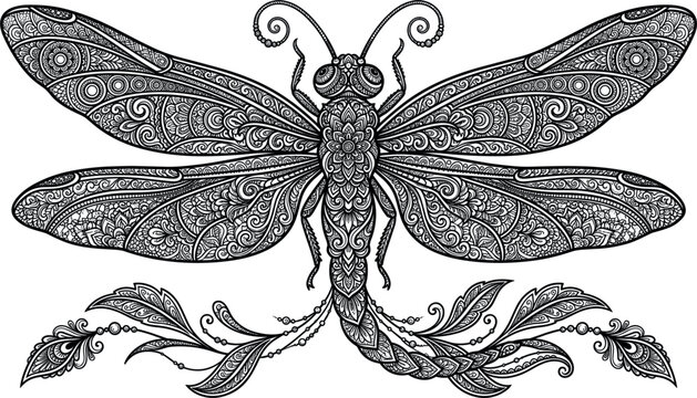 Detailed zentangle dragonfly vector illustration resting on ornate botanical leaves, intricate garden insect line art design for adult coloring book pages.