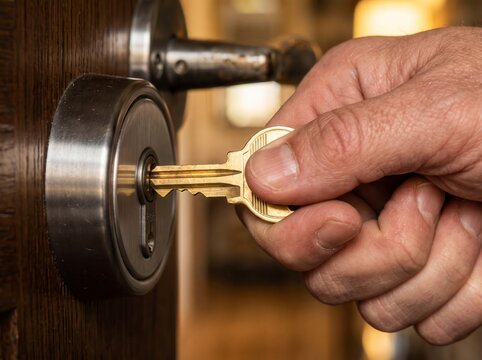 Close-up shot of a man's hand inserting a brass key into a deadbolt lock on a wooden entrance door, representing home security, safety, and property ownership.