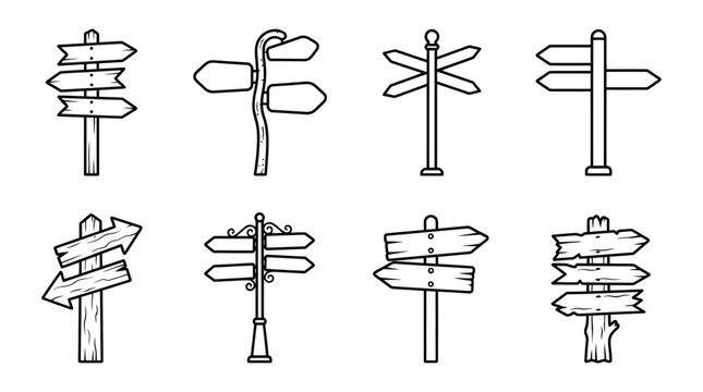 Collection of wooden signposts with multiple directional arrows presented as a black silhouette signpost direction