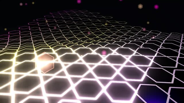 Futuristic glowing hexagon grid, digital neon honeycomb wave, abstract geometric technology background with light flares
