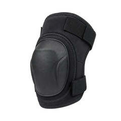 Single black tactical knee pad with adjustable straps and a hard shell, isolated on a clean white background © Chinases