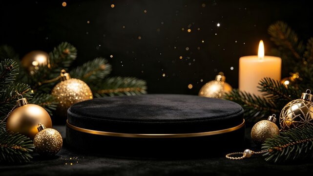 Black Velvet Christmas Podium Display with Gold Ornaments and Burning Candles