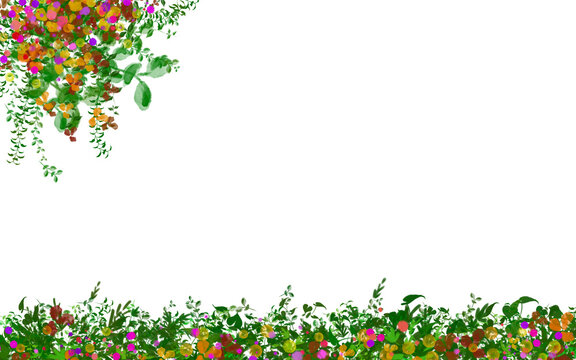 Wildflower and Lush Grass Frame Border Isolated on Solid Black Background