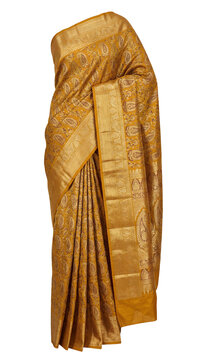 Mustard yellow silk saree with intricate gold brocade work. Vintage heritage and opulent festive Indian textile concept.