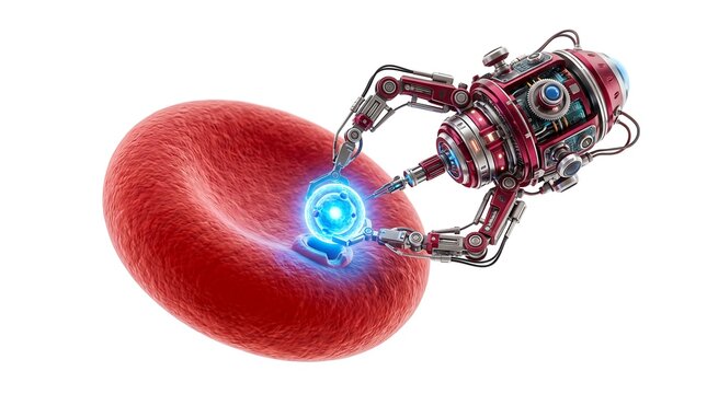 Red cell being examined by a futuristic microscopic nanobot with mechanical robotic arms