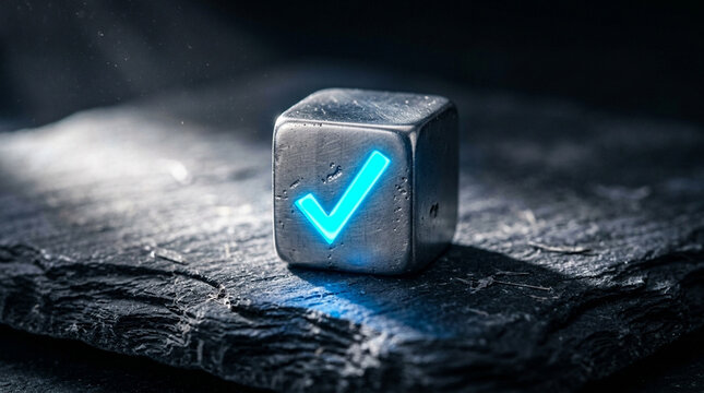 Solid platinum cube with glowing neon blue checkmark on dark slate symbolizing premium quality approval