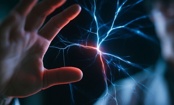 Human hand interact with plasma energy spark in dark scientific lab room