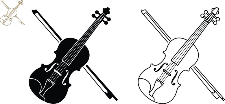 Violin and bow silhouette and line art icons on white background with musical instrument violin icon string instrument black silhouette