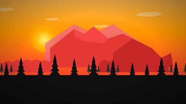 Vibrant flat landscape sunset with mountains and pine trees