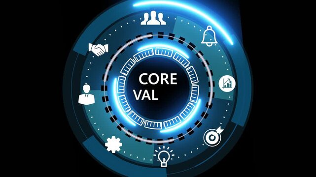 Futuristic blue digital interface HUD with circular infographic and icons surrounding the words quality assurance, suggesting software testing,