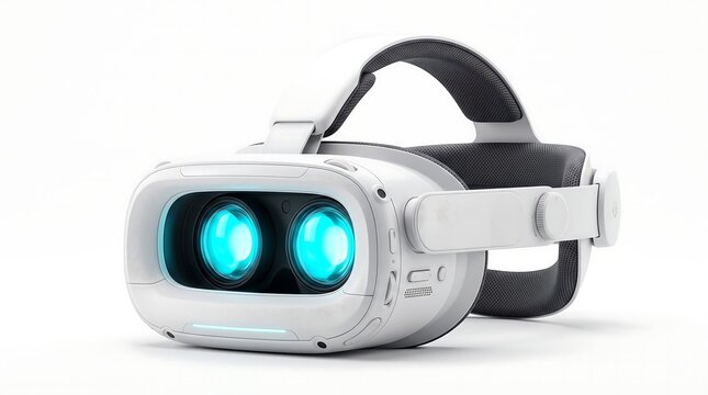 White virtual reality headset with glowing cyan lenses and adjustable head strap on white background