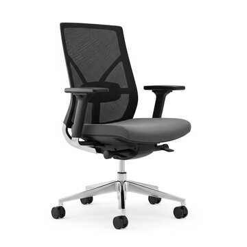 Modern Ergonomic Office Chair with Black Mesh Back and Grey Seat on White Background