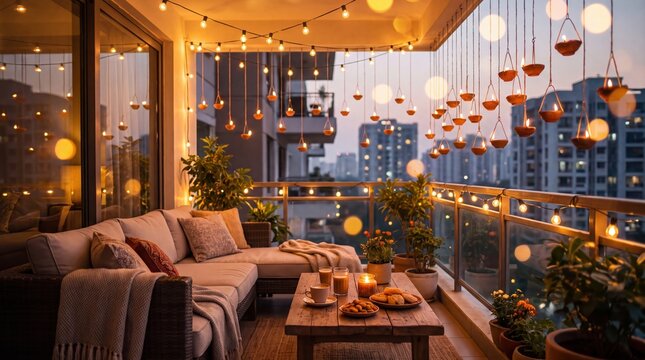 Cozy apartment balcony decorated with festive fairy lights and oil lam