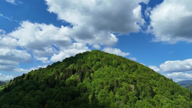 Aerial Video Of Dense Green Forest Mountain Peak Under Blue Sky With Cumulus Clouds