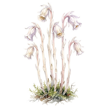Watercolor illustration of Monotropa uniflora ghost pipe flowers isolated on white