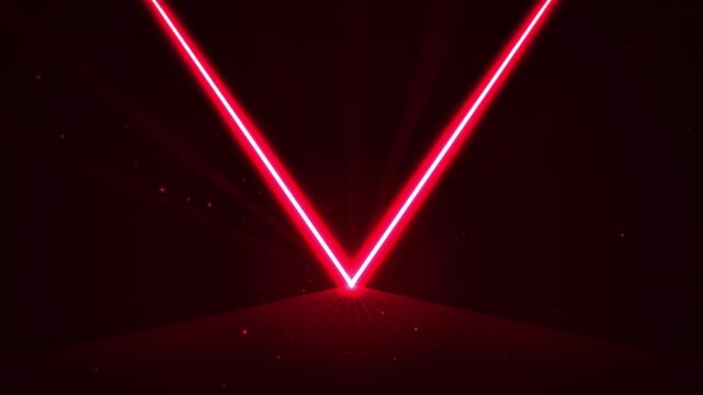 Neon V shape stage light glowing on dark stage background with floating particles in dynamic motion graphics.