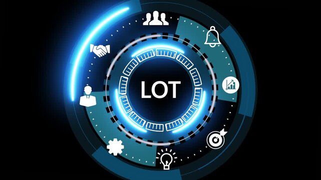 Futuristic blue digital interface HUD with circular infographic and icons surrounding the words quality assurance, suggesting software testing, security, process control, and analytics.